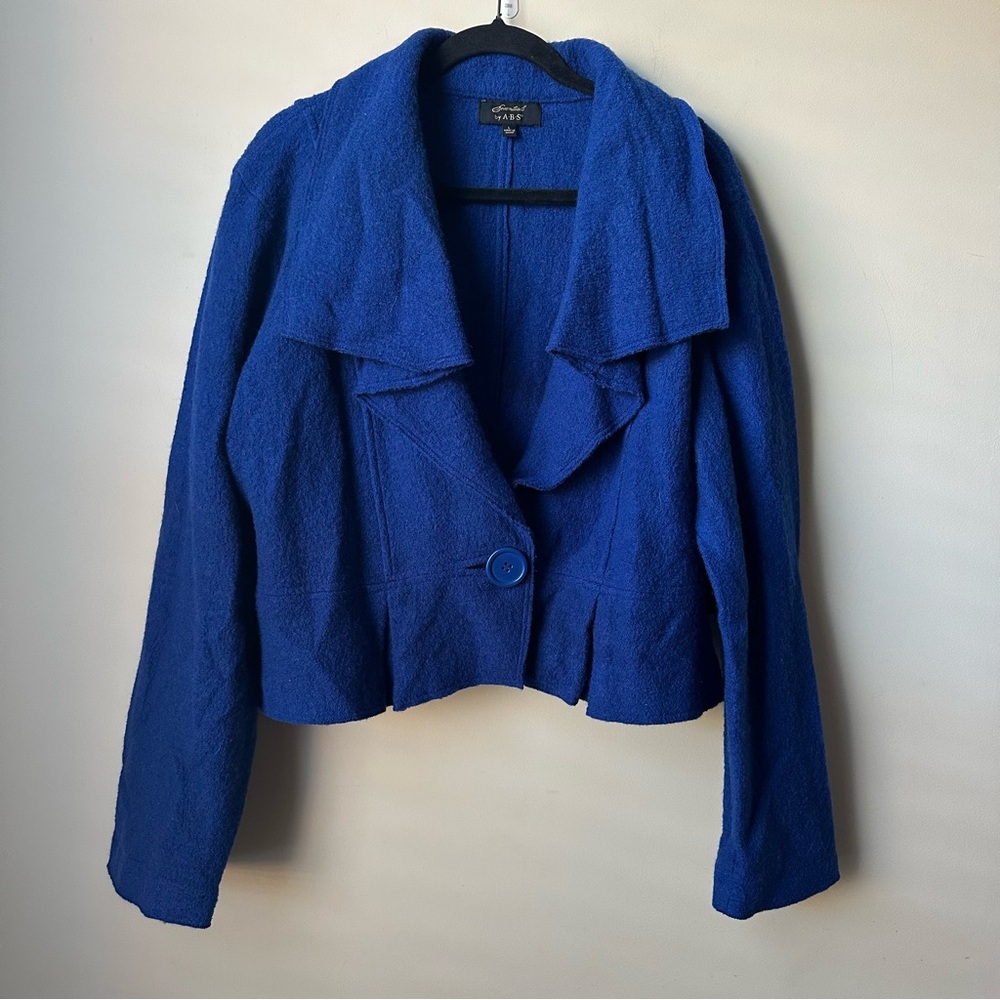 Essentials By A•B•S blue cropped wool jacket with a shaw collar 100% Wool